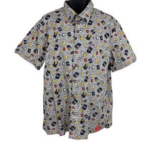 Aloha Made Me Mens Large L Hawaiian Short Sleeve Shirt Maneki Neko Grey Button